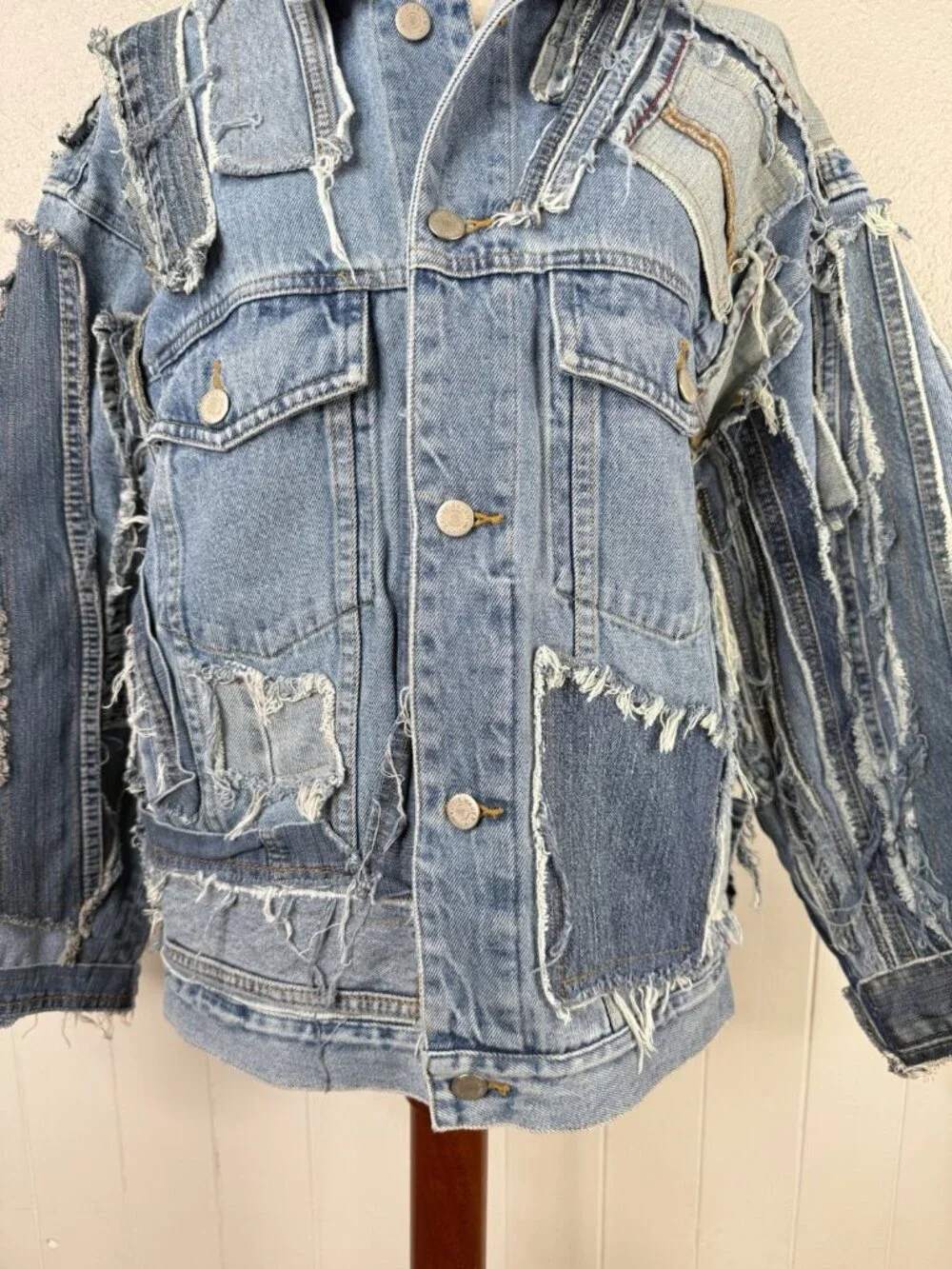 Vtg Reworked Denim Jacket Unique Upcycled Streetwear Jean Blue 90s y2k Sz M/L